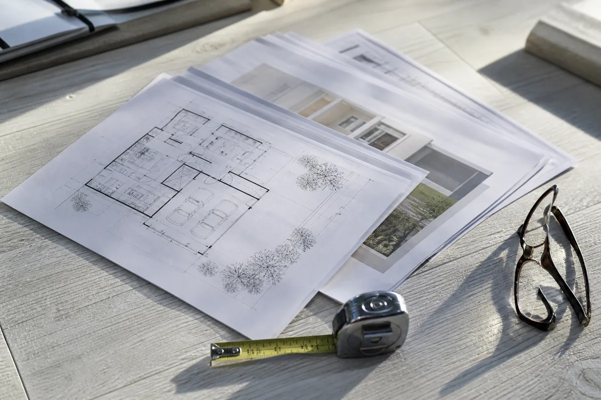 Documents techniques et plans d’un logement étalés sur une table claire près d’un mètre ruban