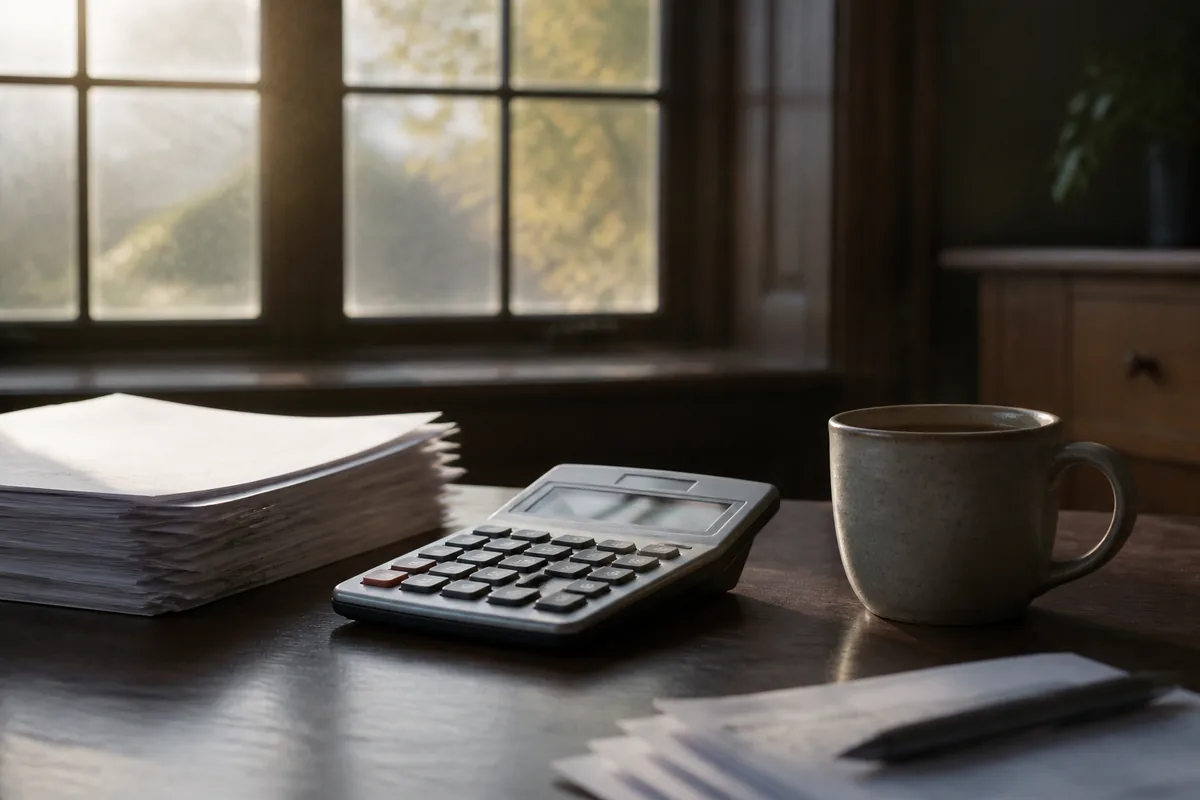 Bureau avec calculatrice, relevés papier et tasse de café près d’une fenêtre lumineuse