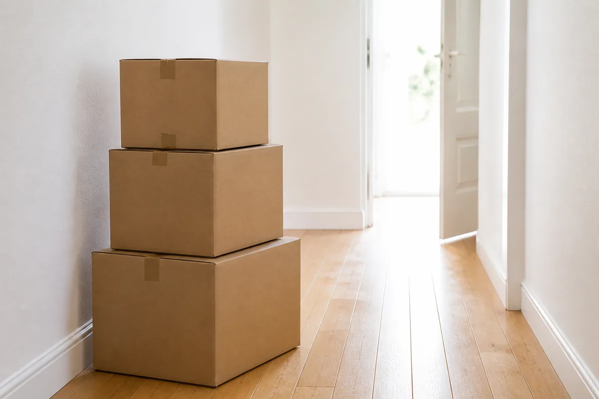 Cartons fermés empilés dans un couloir clair devant une porte d’entrée entrouverte